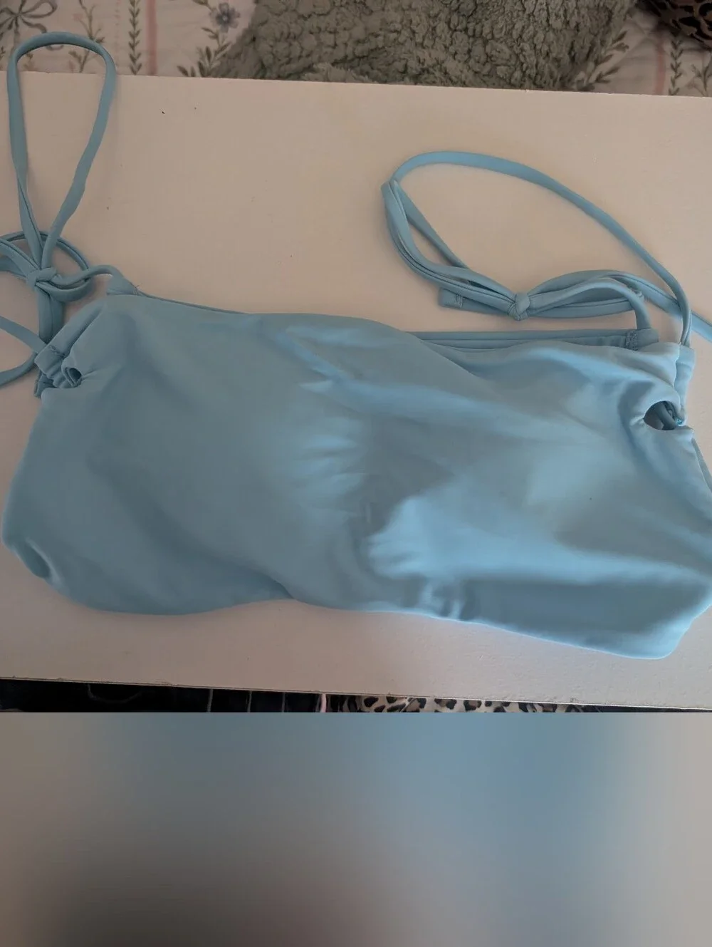 Light Blue Bandeau Swim Top with Tie Straps And Matching Side Tie Bottoms